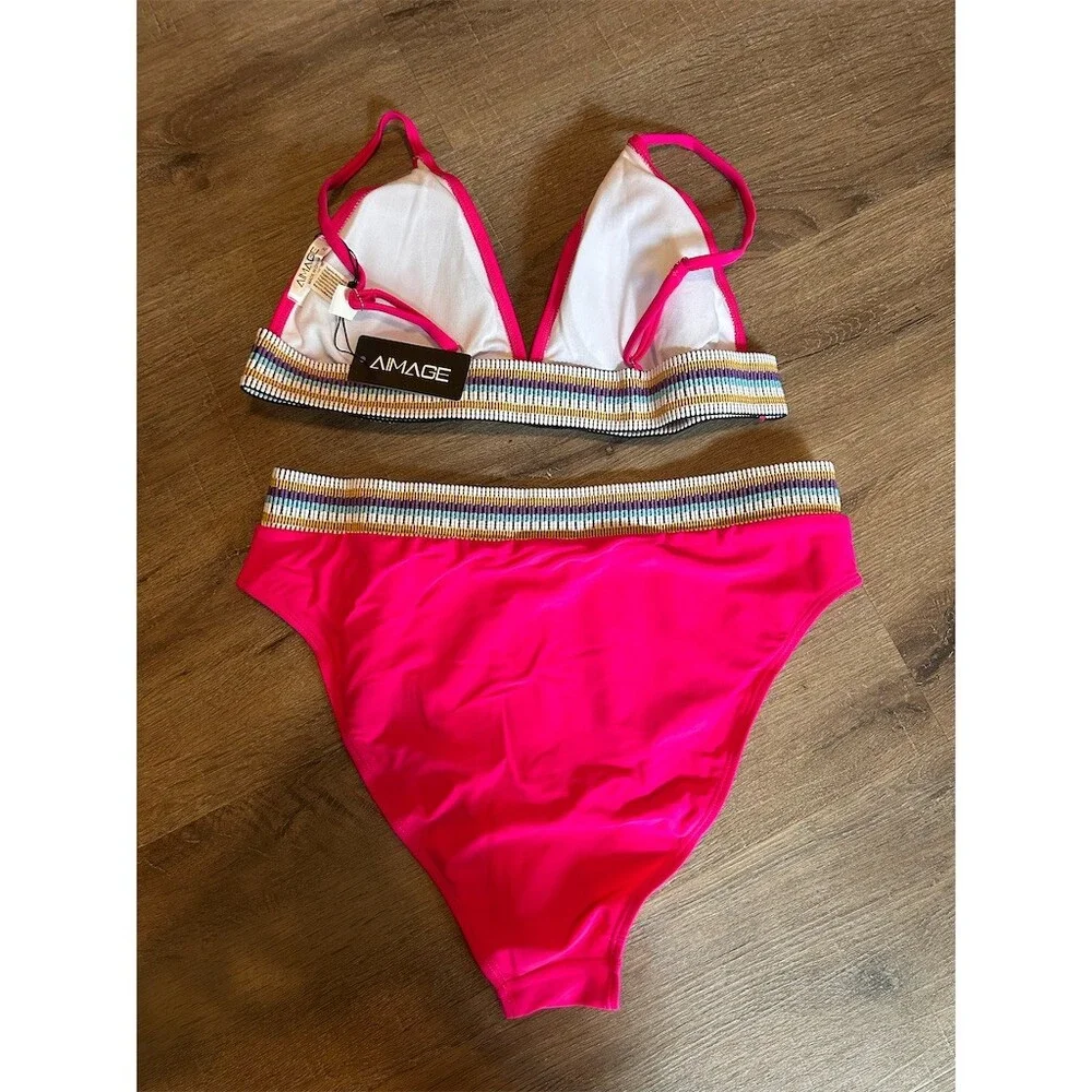 AI’MAGE Bikini Set Womens XL Hot Pink Contrast Trim High-Waisted 2-Piece